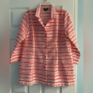 Connie Roberson blouse red white silk embroidered Large L top sheer button down
